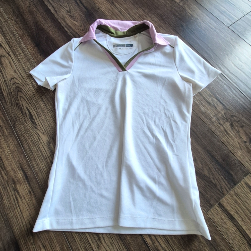 Cutter & Buck White Polo Golf Shirt with Pink Collar Olive green small